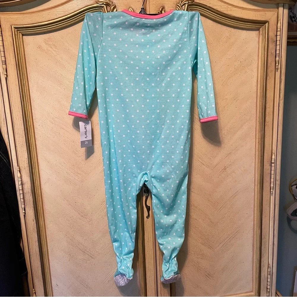 Carters 2T Aqua Blue Pink White Polka Dot One Piece Footed Pajama Pug Puppy NWT
